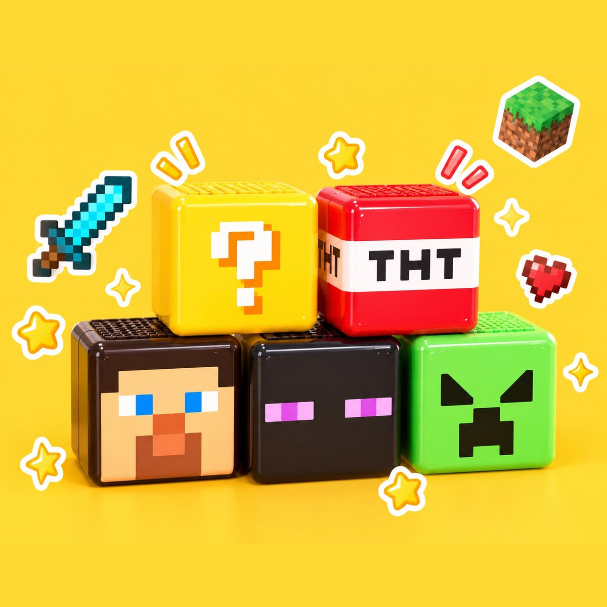 Colourful character-style pixel blocks from supplier promotional images