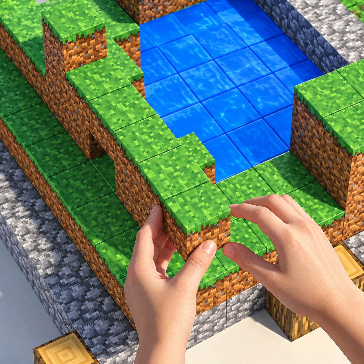 Magnetic pixel cubes being assembled by hand
